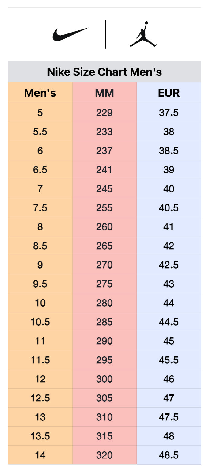 jordan 1 womens size chart